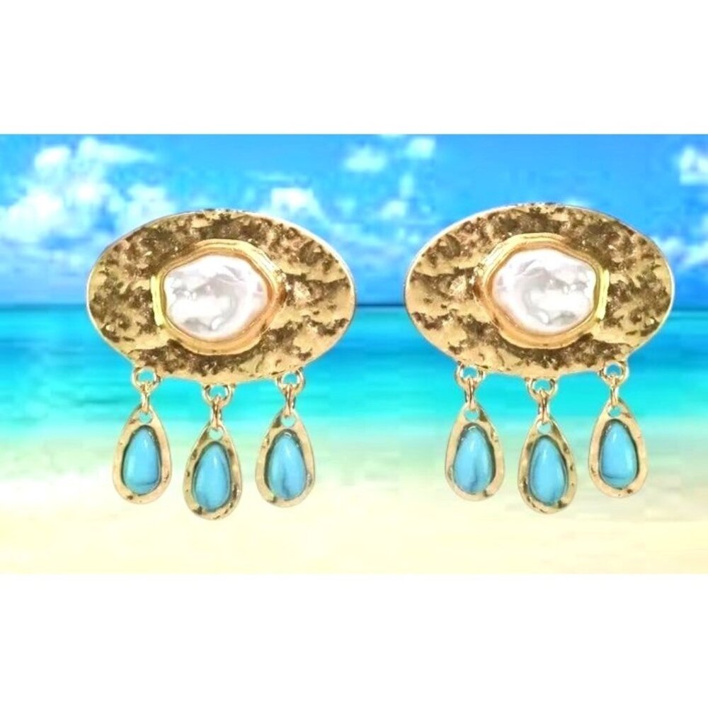 Hammered Metal Faux Pearl Turquoise Earrings Posts New  Cruise Vacation Islands